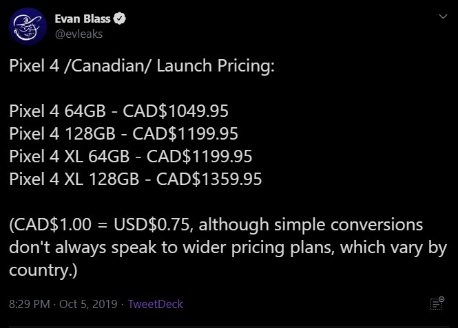 Pixel 4 price leaked