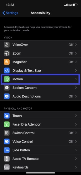 Choose Motion in Settings