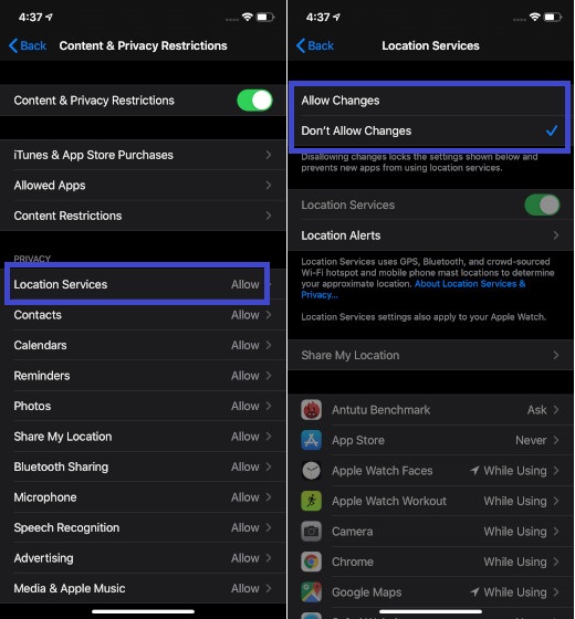 Disallow changes to Location Services settings