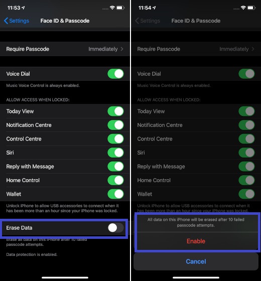 Enable Erase Data option - Security and Privacy in iOS 13
