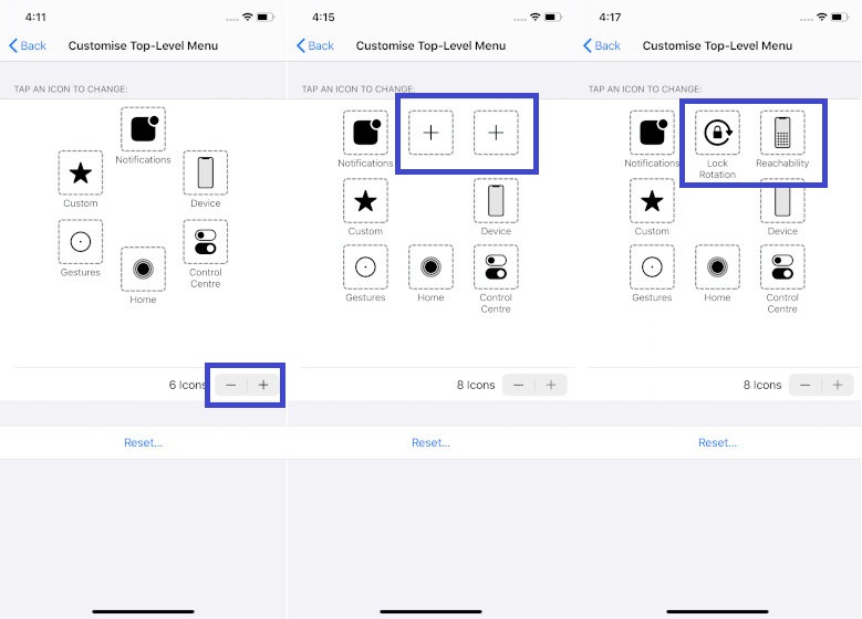 Increase or decrease options in AssistiveTouch menu