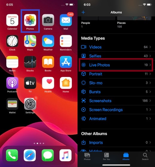 Launch Photos app and choose Live Photos