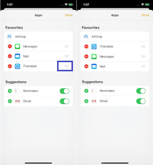 Rearrange apps in the sharing sheet in iOS 13