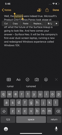 Select a word using a gesture iOS 13 or iPadOS 13