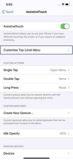 Tap on Customize Top-Level Menu