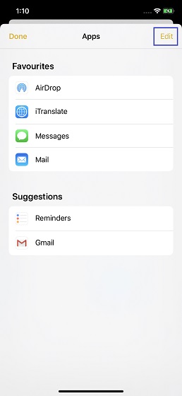 Tap on Edit at the top right to customize app-sharing bar