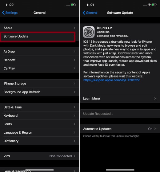 Update Software in iOS 13