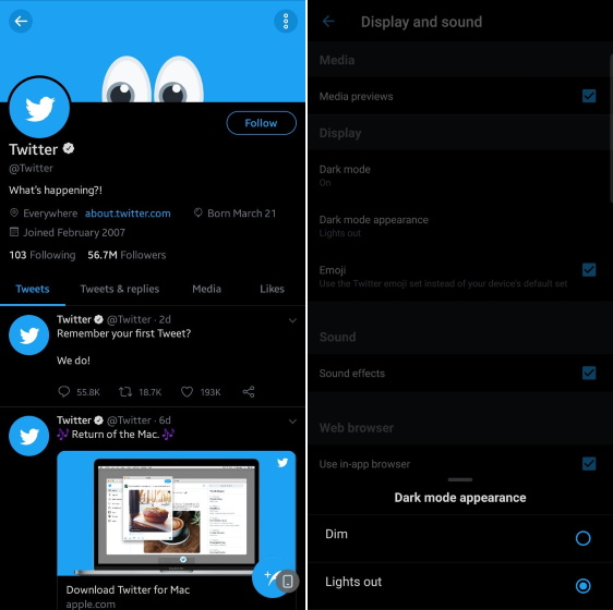 twitter lights out dark mode on Android