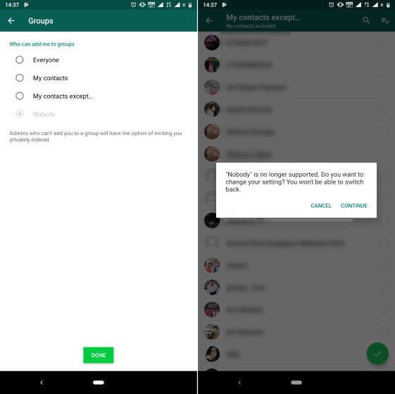 whatsapp group privacy - blacklist option