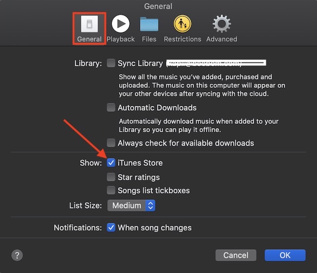 Check the box for iTunes Store in the Music app on Mac