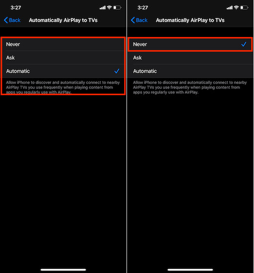 Choose Never to stop your iOS device from connecting to AirPlay supported TVs automatically
