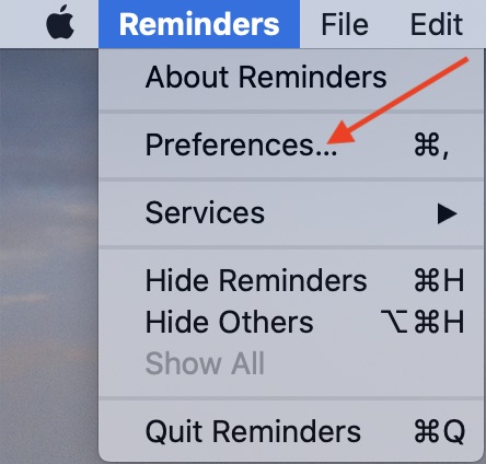 Choose Preferences in Reminders menu