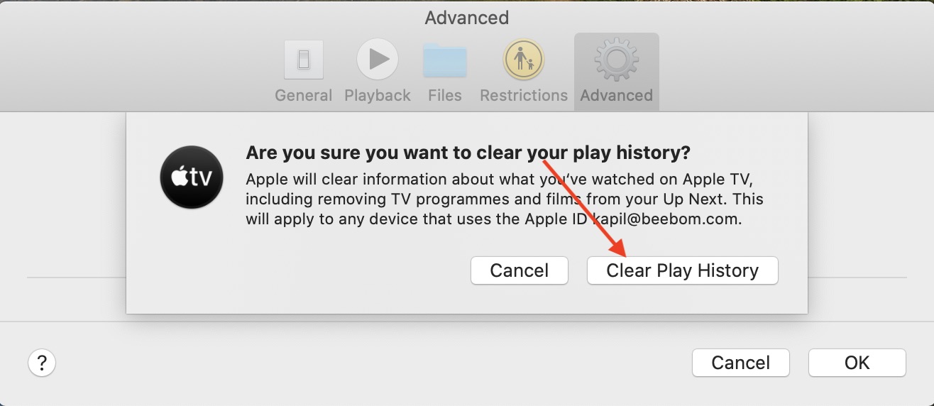 Clear play history of Apple TV app on Mac