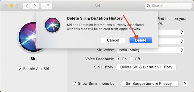 Confirm to Delete Siri history from Apple Servers