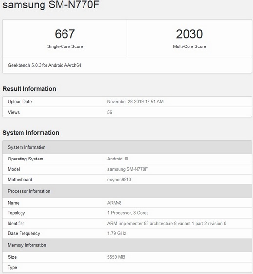 Supposed 'Galaxy Note 10 Lite' With Exynos 9810 Listed on Geekbench