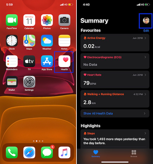 Launch Health app and tap on Profile photo