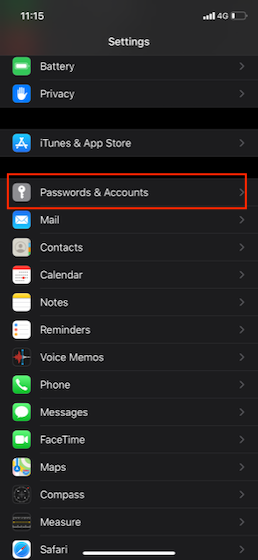 Launch Settings and choose Passwords & Accounts
