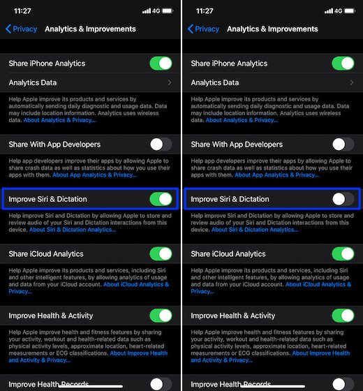 Turn off the toggle for Improve Siri & Dictation