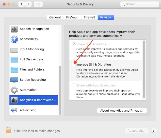 Uncheck the box for Improve Siri and Dictation