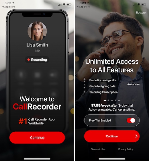 RecMyCalls for iPhone interface