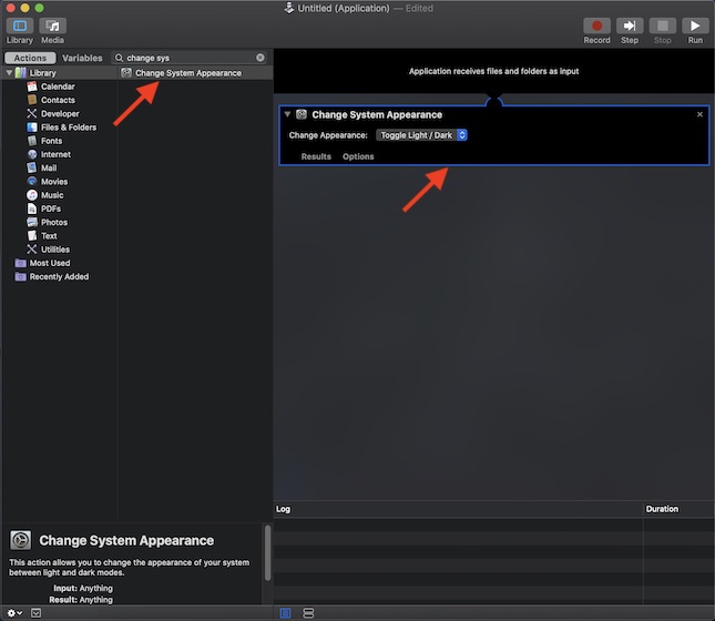 search for "Change System Appearance". When it shows up, drag it into the Automator workflow. 