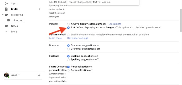 Choose Ask before showing external images in Gmail for web