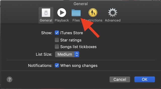 Choose Files tab in the Music preferences