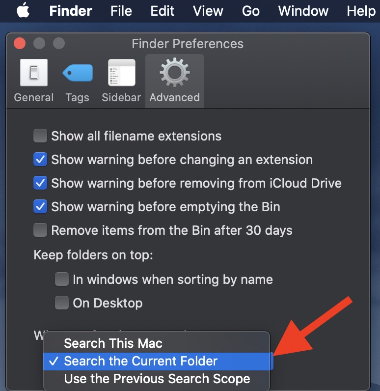 Choose Search the Current folder option