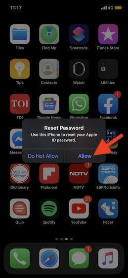 Click on Allow to reset your Apple ID password