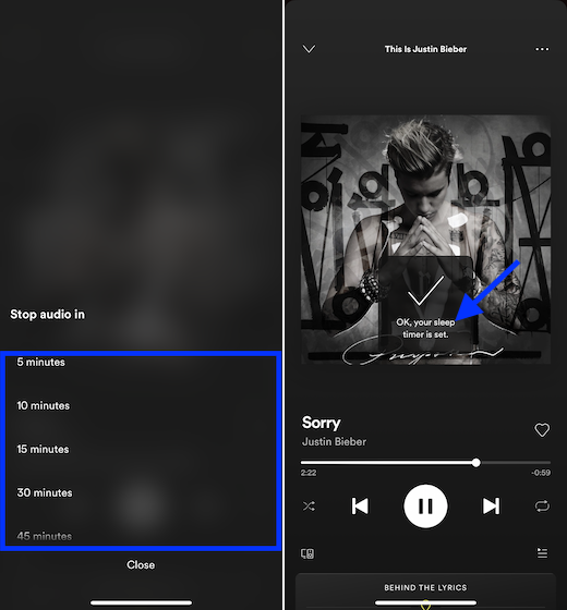 set sleep timer on spotify