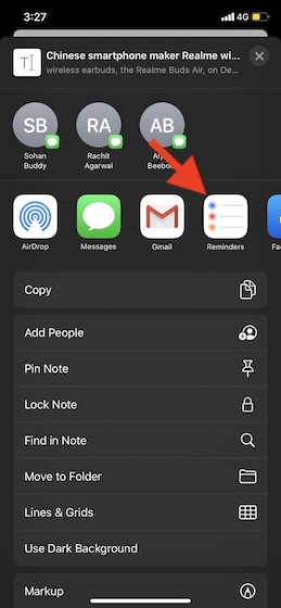 Select Reminders in the share sheet