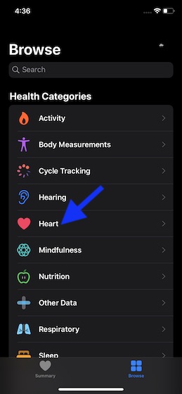 Tap on Heart option under Health Categories