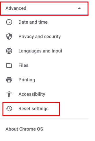 reset settings in chromeos