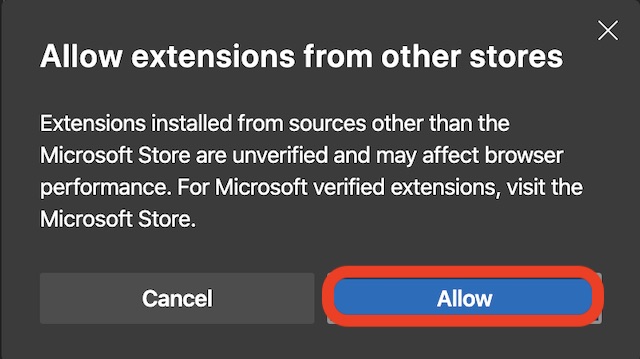 Allow extensions in Edge