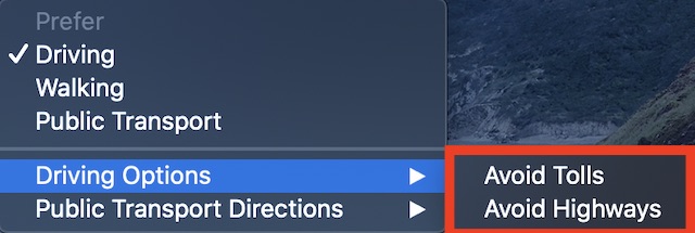 Avoid tolls and highways in Apple Maps on Mac