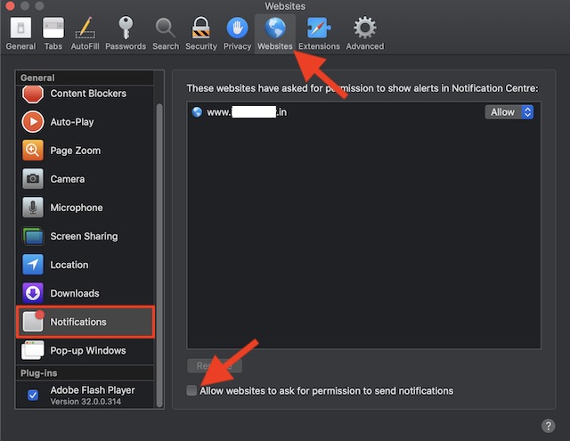 Disallow Safari websites from sending you push notifications