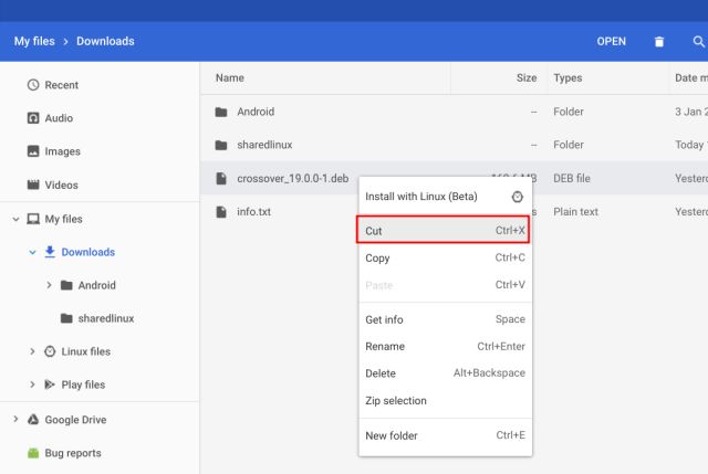 cut files in chromeos file manager