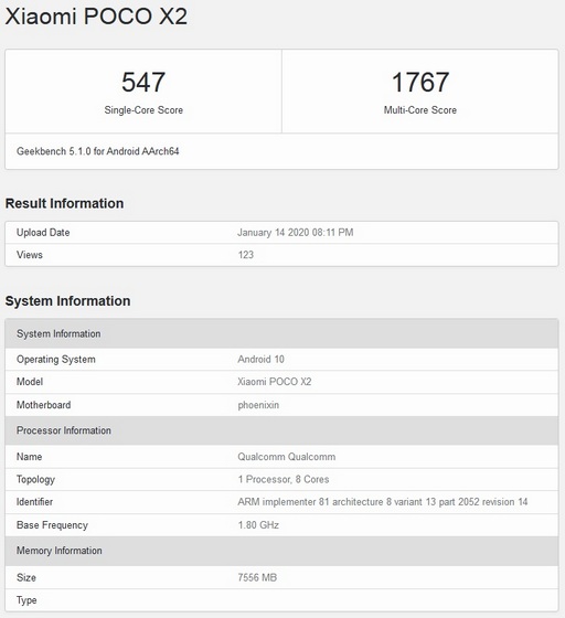 Xiaomi Poco X2 Spotted on Geekbench with Android 10, 8GB RAM
