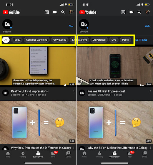 YouTube subscriptions feed