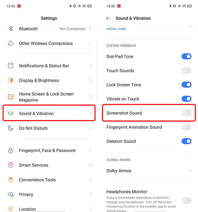 realme ui turn off screenshot sounds