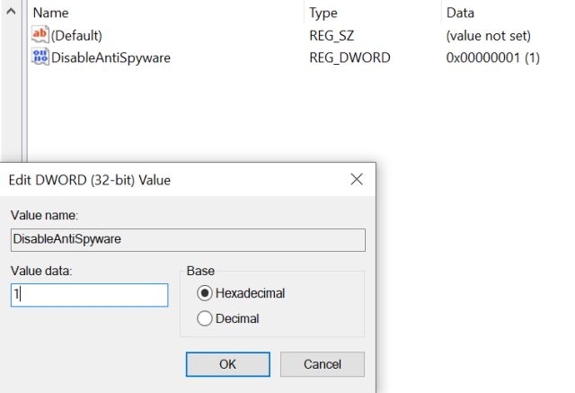 Disable Windows Defender Antivirus on Windows 10 Using Registry