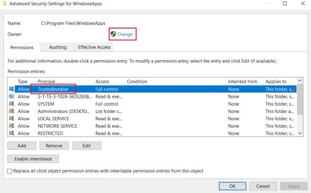 windowsapps folder permissions reset