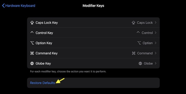 Restore Modifier keys to the default state