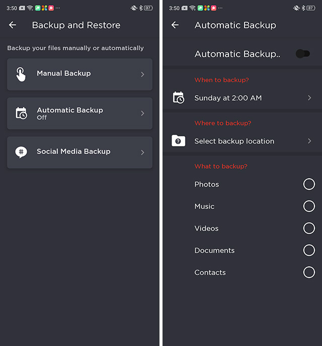 sandisk memory zone app backup options