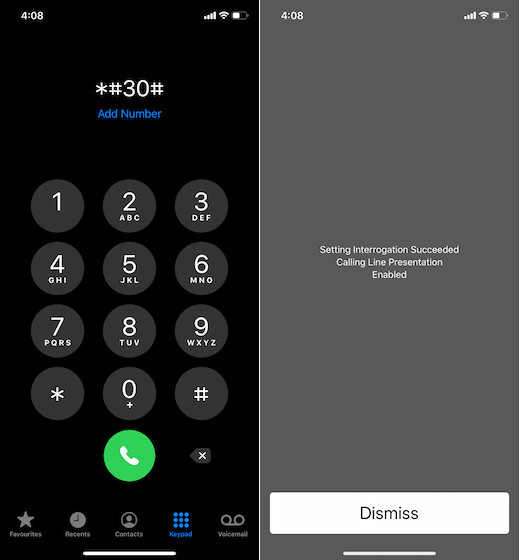 Calling line presentation code for iPhone