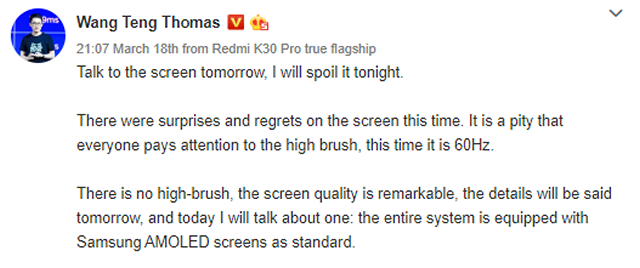 Redmi K30 Pro Will Have a 60Hz AMOLED Display, Confirms Xiaomi