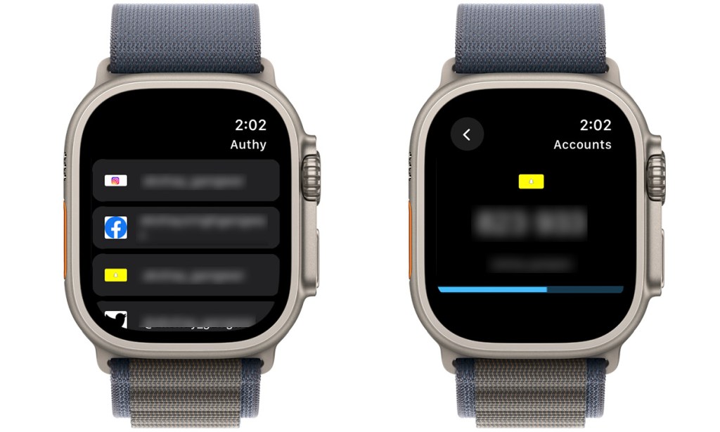 Screenshot of the Authy 2FA app on Apple Watch showing all added accounts and the 2FA code (blurred) for Snapchat account