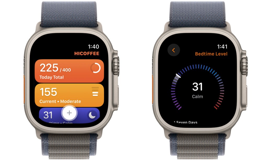 HiCoffee app on Apple Watch showing the total caffeine intake for the day along with Bedtime caffeine levels on Apple Watch