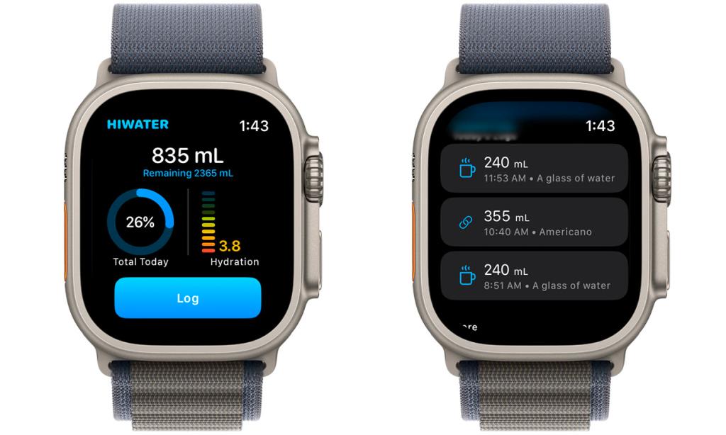 Screenshot of HiWater app on Apple Watch showing total water intake for the day along with the logged water intake