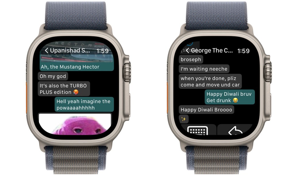 WatchChat 2 on Apple Watch showing WhatsApp chats with two different people along with inline images and more